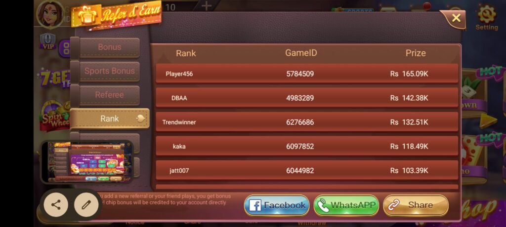 Bouns Rank in card rummy Game